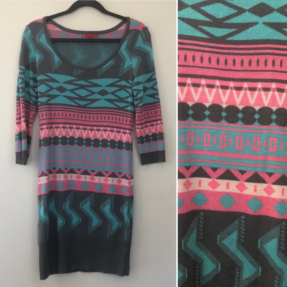 LIV Aztec pink grey teal sweater dress size M